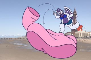 A photograph of Blackpool, UK with a giant dragon drawn with their tail coiled around Blackpool Tower, throwing their shirt onto the beach.