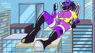 A giant dragoat sitting on a building wearing a latex outfit, hooves stretched towards the viewer. A purple and black bunny mask covers their face.