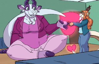 A large dragoat in a suit taking up a large part of the room, shaking the hand of a smaller goat-dragon starting to take on traits of the dragoat.