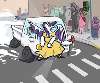 A dragon in a dress being hit by an out of control truck at an intersection.