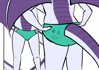 A dragon posing in front of a mirror with kobold coloured underwear. The kobold's blushing face is on a single cheek.