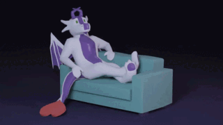 A continuously turning low poly 3D model of a dragon laid on a sofa.