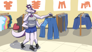 A four armed, three legged dragon holding up a pair of three legged jeans, with clothing for other multi-limbed configurations in the back.