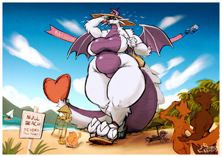 A giant dragoness walking along 'Null Beach', completely naked save hat, shades, bag and sandals as onlookers look on. A plane in the background drags a banner with 'NO SHIRT? SERVICE!'