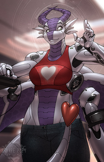 A synthetic dragon in a crop top and low jeans, adding an arm on to a port below one of its existing ones.