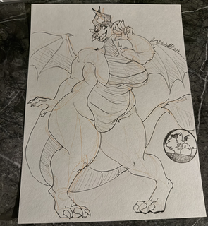 A sketch of a curvy dragoness posing cutely.