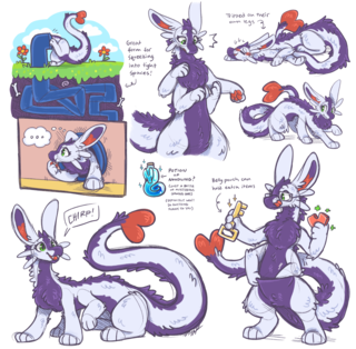 A dragon-turned into an amphimorpho looking at their lower set of hand paws in confusion, squeezing through a pipe, having tripped over their own legs, a little shy, pulling things out of their belly pouch, and chirping. In the middle, a potion bottle, captioned 'potion of noodling - just a bottle of mysterious glowing goo - definitely won't do anything funny to you'