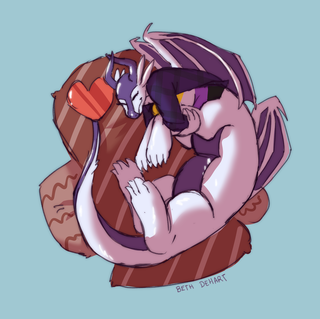 A curled up dragontaur with their arms curled up around their front legs