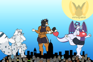 Three giant women on top of a city, a snow leopard blowing a kiss, a tigress posing, and a dragoness looking at what they've caught on their paw