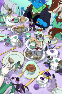 A variety of characters enjoying a tea party, with micros (including a specific dragon) sat at tiny tables on top of the larger one, everyone enjoying appropriately sized snacks.