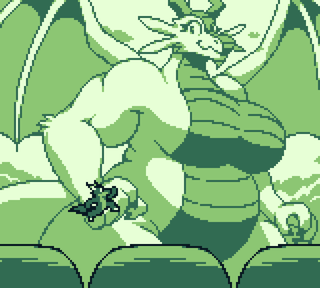 A kobold jumping over the scales of a massive dragoness taking up the background, themed like a Game Boy game.