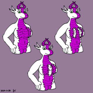 A dragon with three boobs, with three different kinds of chest fluff - just at sides of left and right breast; down the middle breast; each breast having their own left and right fluff.