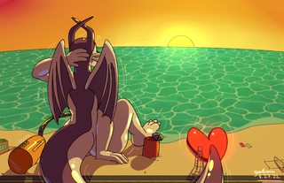 A giant pooltoy dragon resting on a beach, looking at the sunset.