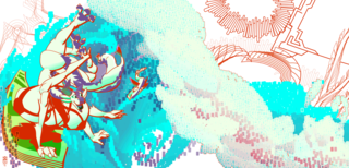 A three legged, three breasted, four armed, multiple tailed dragoness surfing through cyberspace.