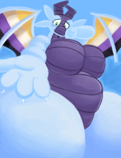 A large dragoness with the non-binary flag on their wings, wiping tears from their eyes with one hand, and offering the other to the viewer.