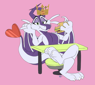 A dragon in a Burger Queen crown, sitting at a table and eating a burger, bored.