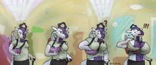 A dragon walking with a cane and sling bag, attempting to adjust the sling as their breasts grow further.