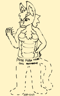 A fox looking worried at their phone. Their lower half is a dotted outline, with 'Your species here, call (unreadable phone number)'